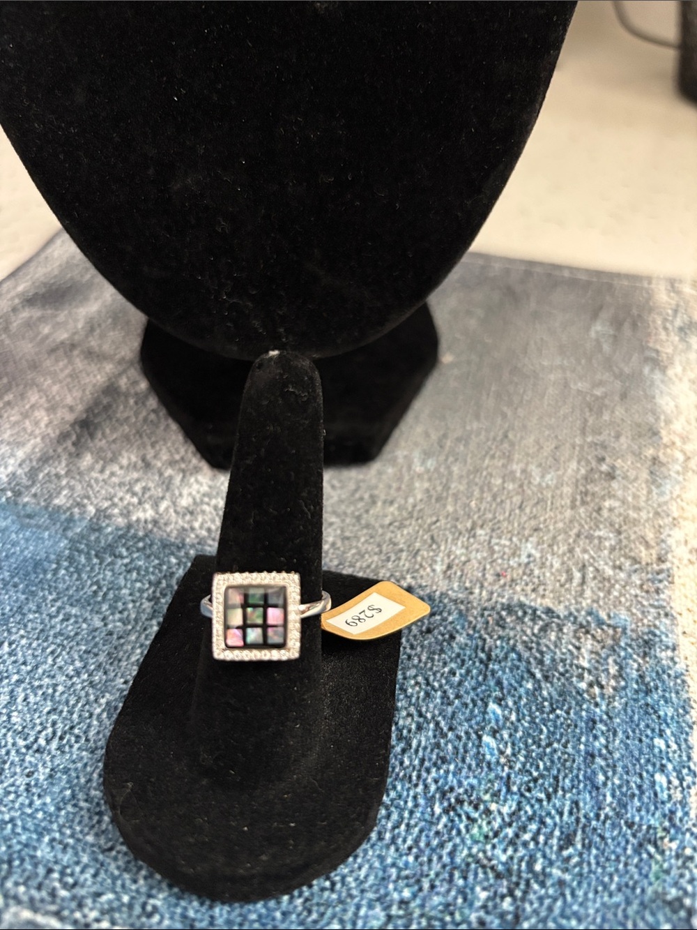 Square Mother-of-Pearl Inlay Ring with Moissanite Diamonds, size 6